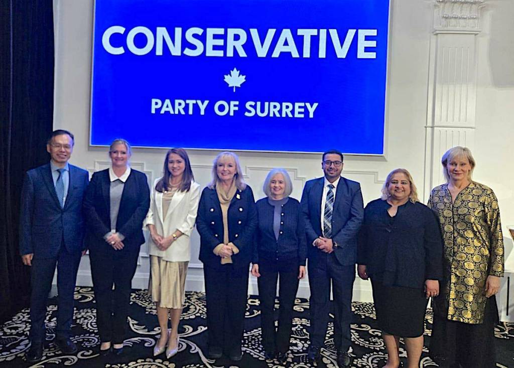 Conservative Electors Association chair Kerry-Lynne Findlay (fourth from left) and vice-chair Elaine Allan (right) are pictured with Surrey city council candidates James Yu, Cheney Cloke, Lita Cabal, Holly Verchere, Ricky Bajwa and Rasinder Kaur (from left to right) during a launch event at Empress Palace Ballroom in Newton on Thursday, Feb. 5, 2026. (Contributed photo)