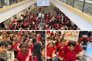 Students at White Rock Christian Academy cheer on Canadian speed skater Anders Johnson, whose parents live in South Surrey, as he raced in the 2026 Winter Olympics in Italy Wednesday (Feb. 11). (Contributed to Peace Arch News)