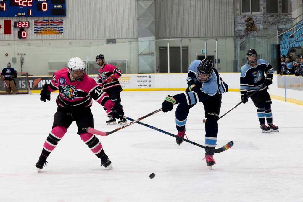 The Cutting Edges face off against the Seattle Pride Hockey Association during the NHL Unites Pride Cup at North Surrey Sport & Ice Complex on Saturday, Feb. 28, 2026. (Anna Burns/ Surrey Now-Leader)