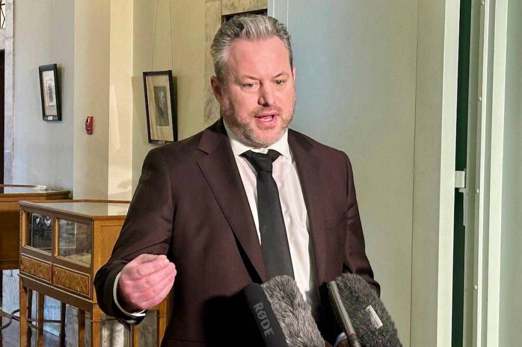 Interim B.C. Conservative Leader Trevor Halford attempting to explain what it means to vote for a bill on first reading. (Mark Page/Black Press Media files)